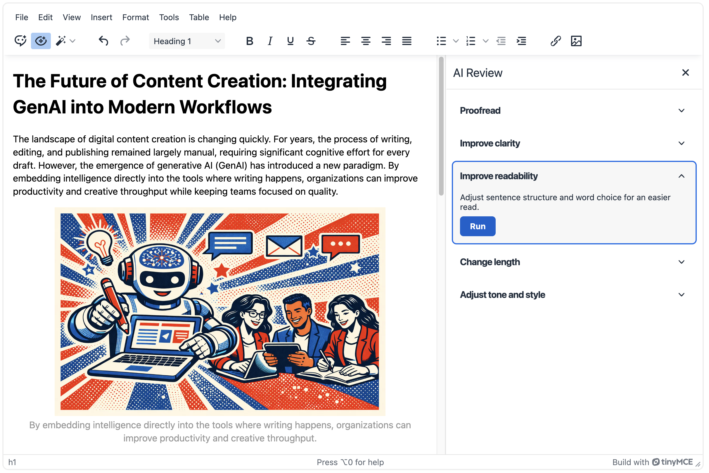 Review sidebar showing review categories with Improve readability expanded and Run available
